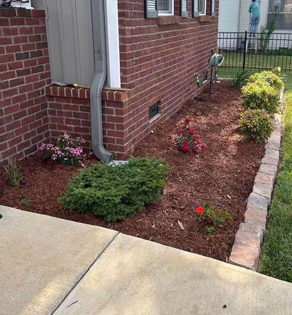 A flowerbed freshly mulched with a few bushes and flowers planted. The mulch is red tinted surrounded by a redbrick border.